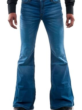 Men's Vintage 1970 Bell Bottom Blue Flared Jeans -Classic Stretch Denim Size 4XL